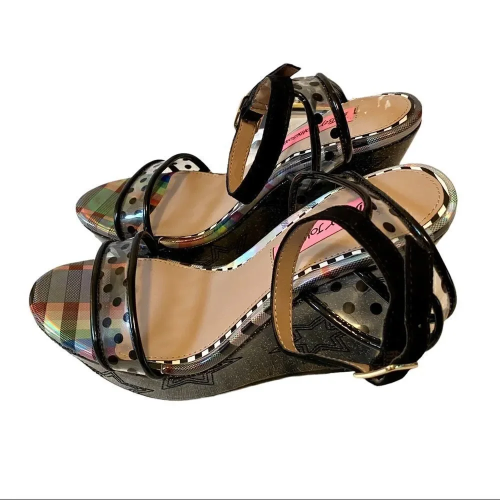 Betsey Johnson Glittery Black Polka Dot & Clear Acrylic Wedge Sandal in Sz 6.5